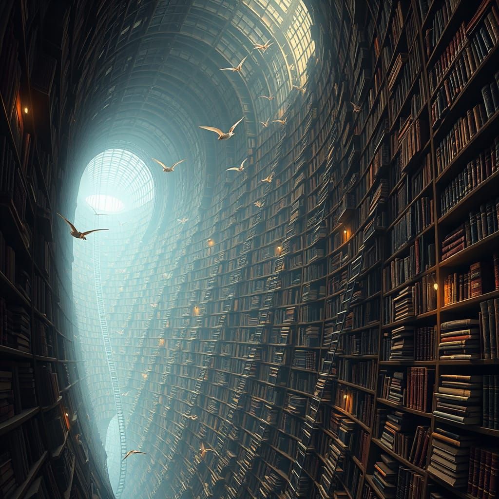 Infinite Library of Winding Shelves and Celestial Tomes