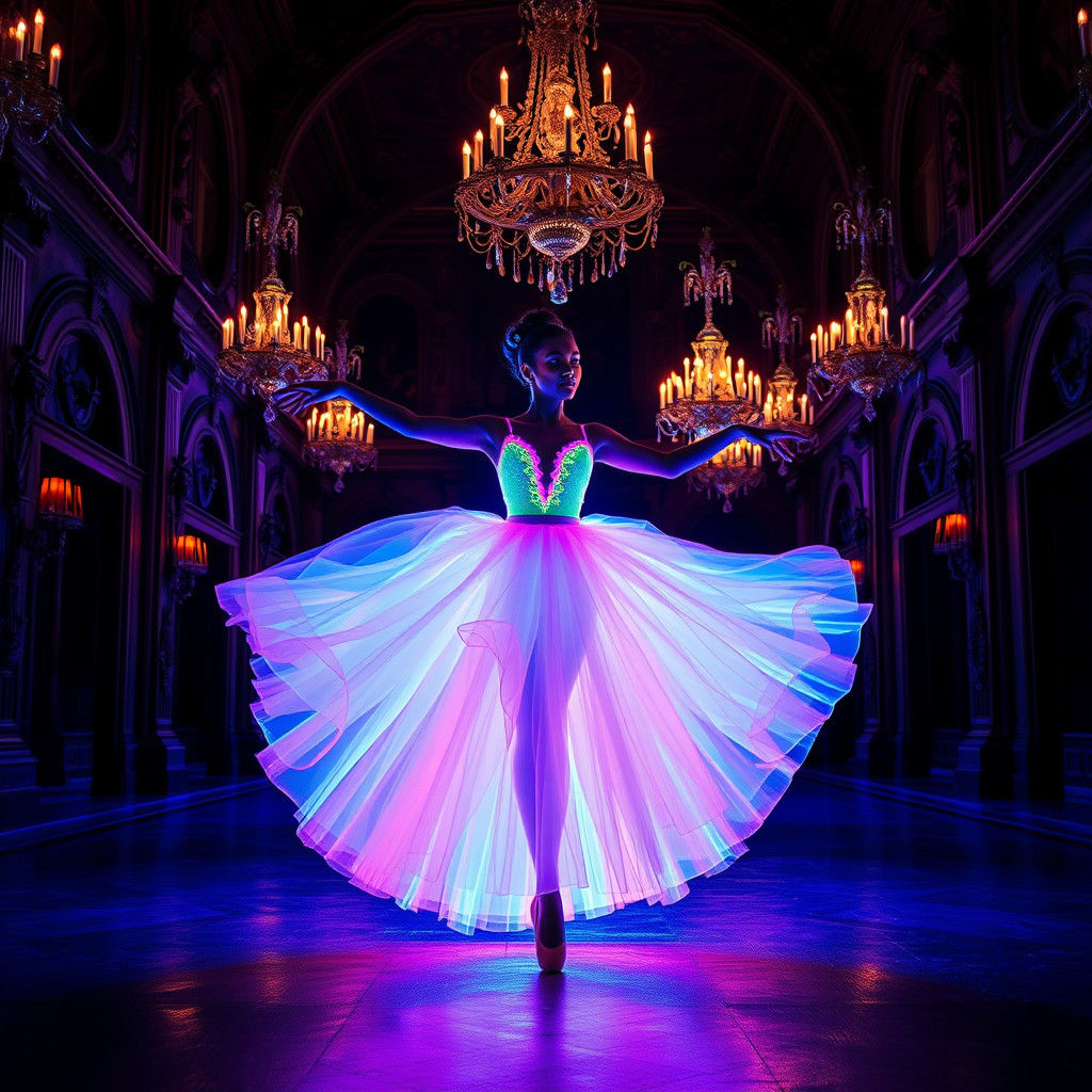 Ballerina in Neon Glow Dances in Baroque Hall