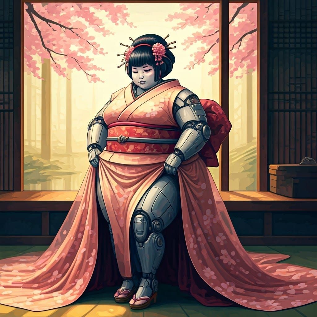 Robot Geisha Struggles with Dress: Hokusai Style