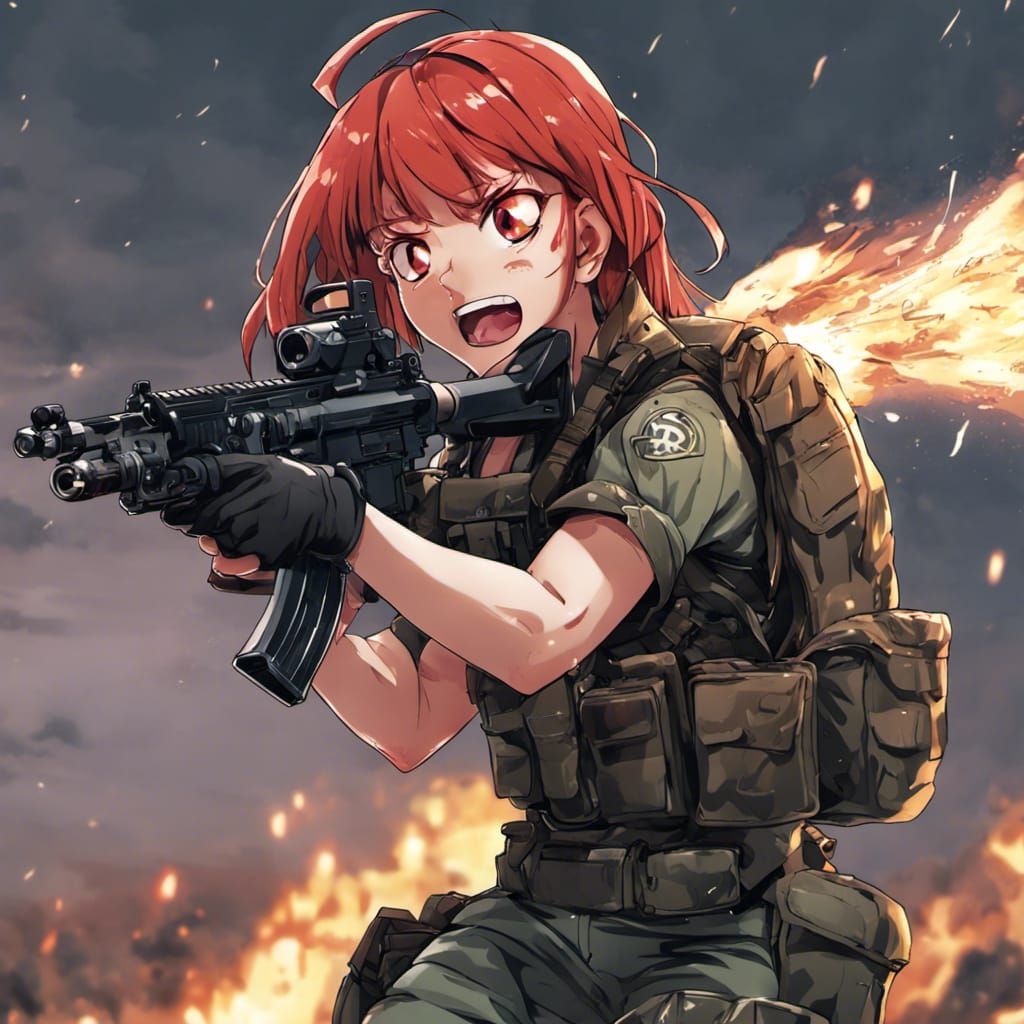 Furious Redhead with Machinegun in Anime Style