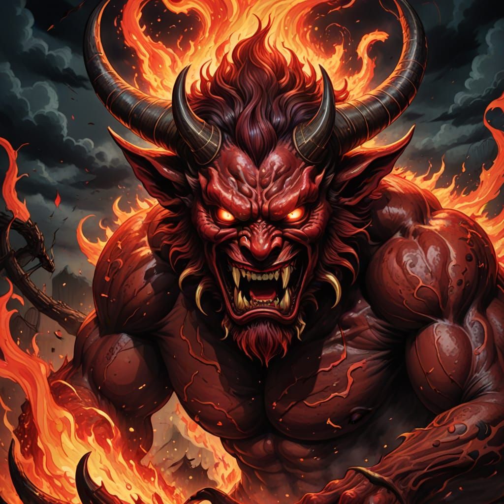 Terrorizing Oni Emerging from Hell in a Fiery Japanese Mytho...