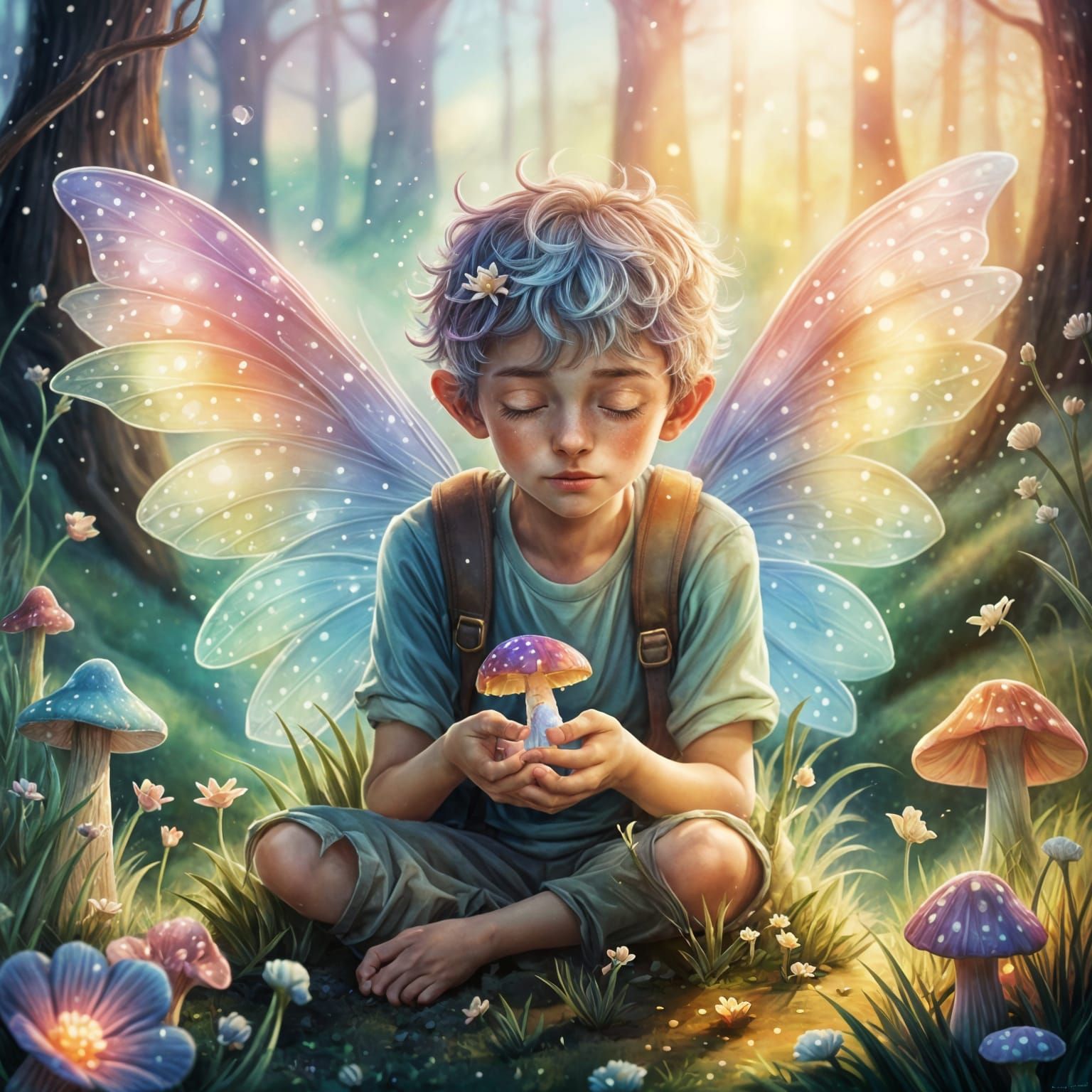 Fae Boy Crying Under Toadstool in Pastel Hues