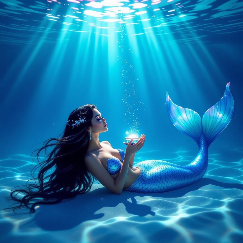 Mermaid Gazes at Glowing Music Box in Deep Ocean