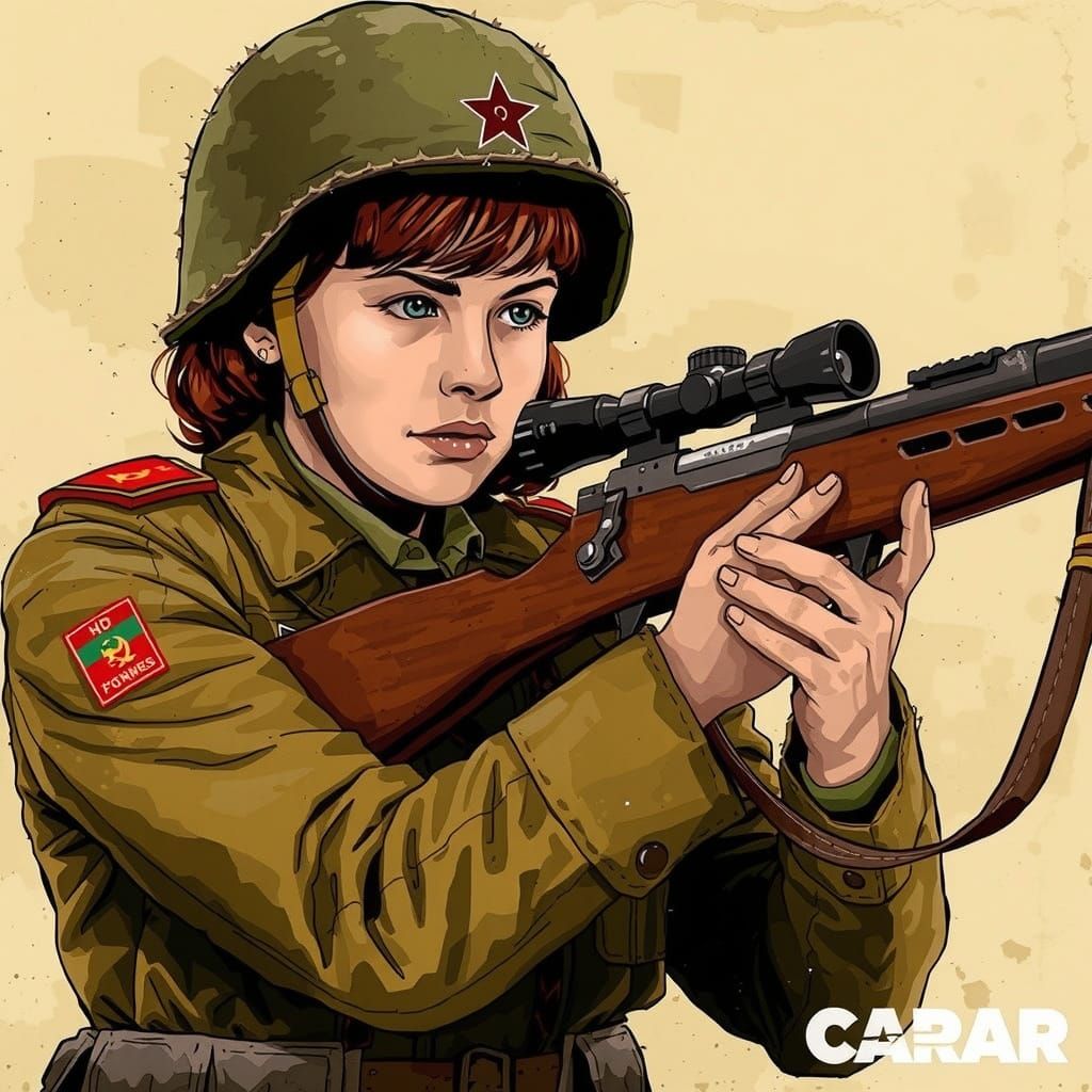 Soviet Girl Sniper in Ruins, Holding a Mosin Rifle