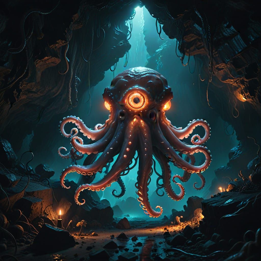 Glowing Octopus Eye in Dark Cavern - Cinematic Fantasy Art
