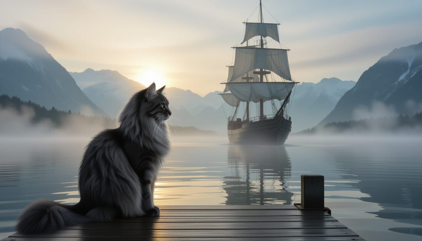 Ethereal Mist Cat on Dock With Sailing Ship