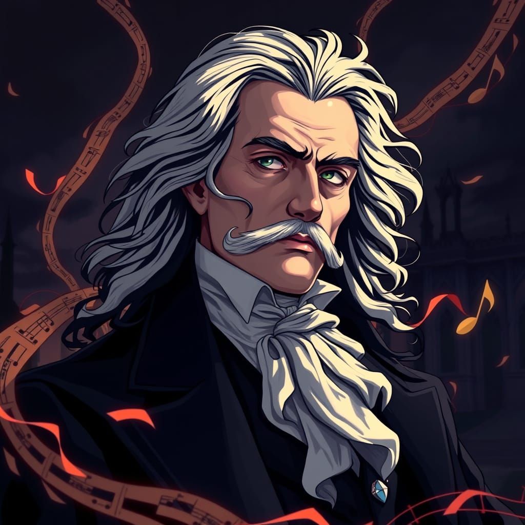 Romantic Anime Portrait of Franz Liszt in Gothic Setting