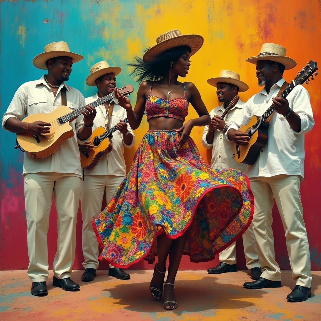 Energetic Puerto Rican Dance Scene in Collage Style