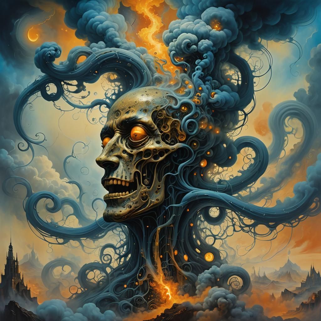 Ancient Machine Devouring Dreams in Surreal Style