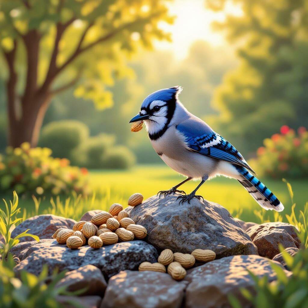 Blue Jay Eating a Peanut in Lush Yard, Wildlife Art