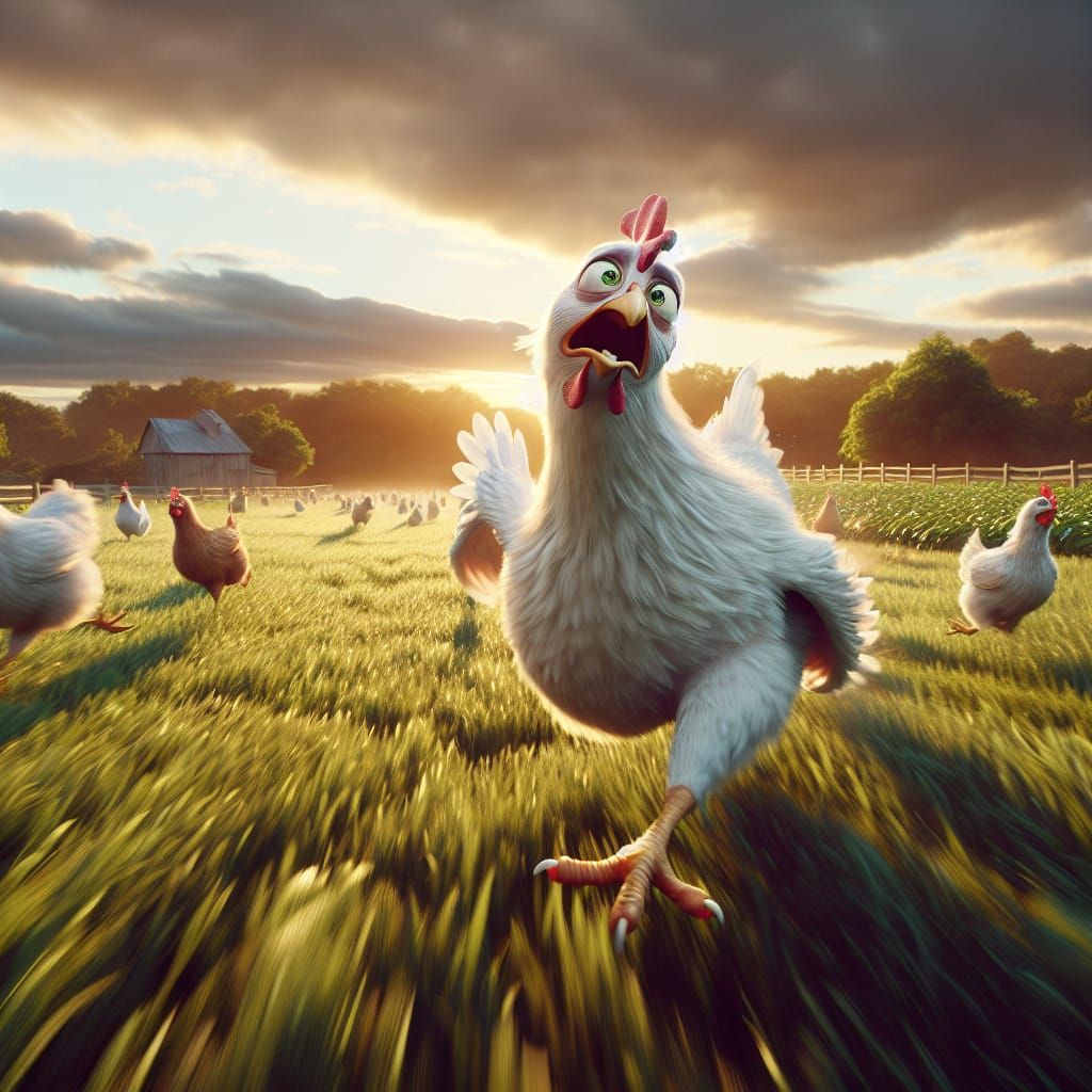 Dramatic 3D Hen Cries in Golden Hour Light