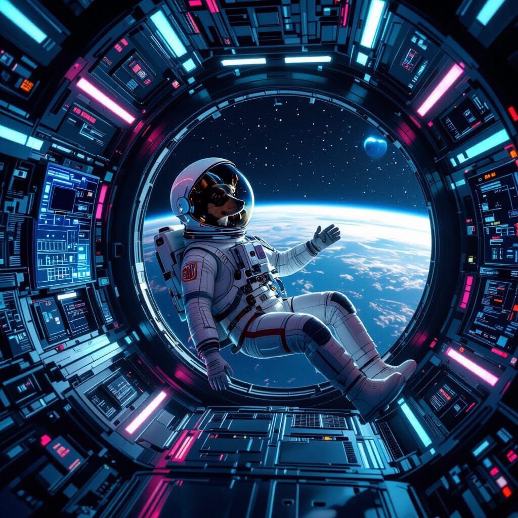 German Pinscher Astronaut in Futuristic Space Station