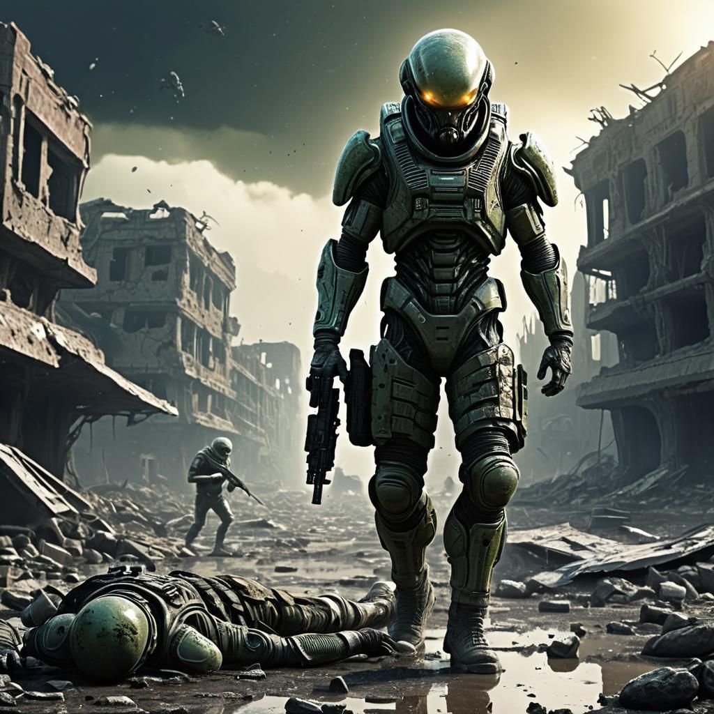 Futuristic Soldier Battles in Ruined Alien City
