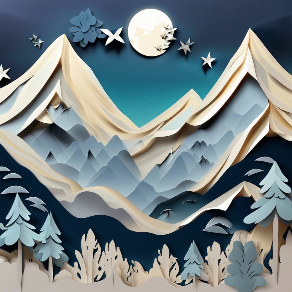 Moonlit Mountain in Paper Art Style
