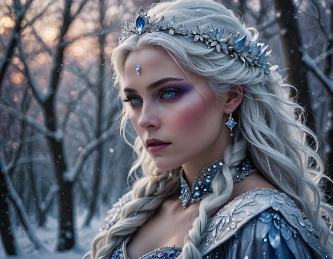 Regal Snow Queen Portrait in Icy Twilight