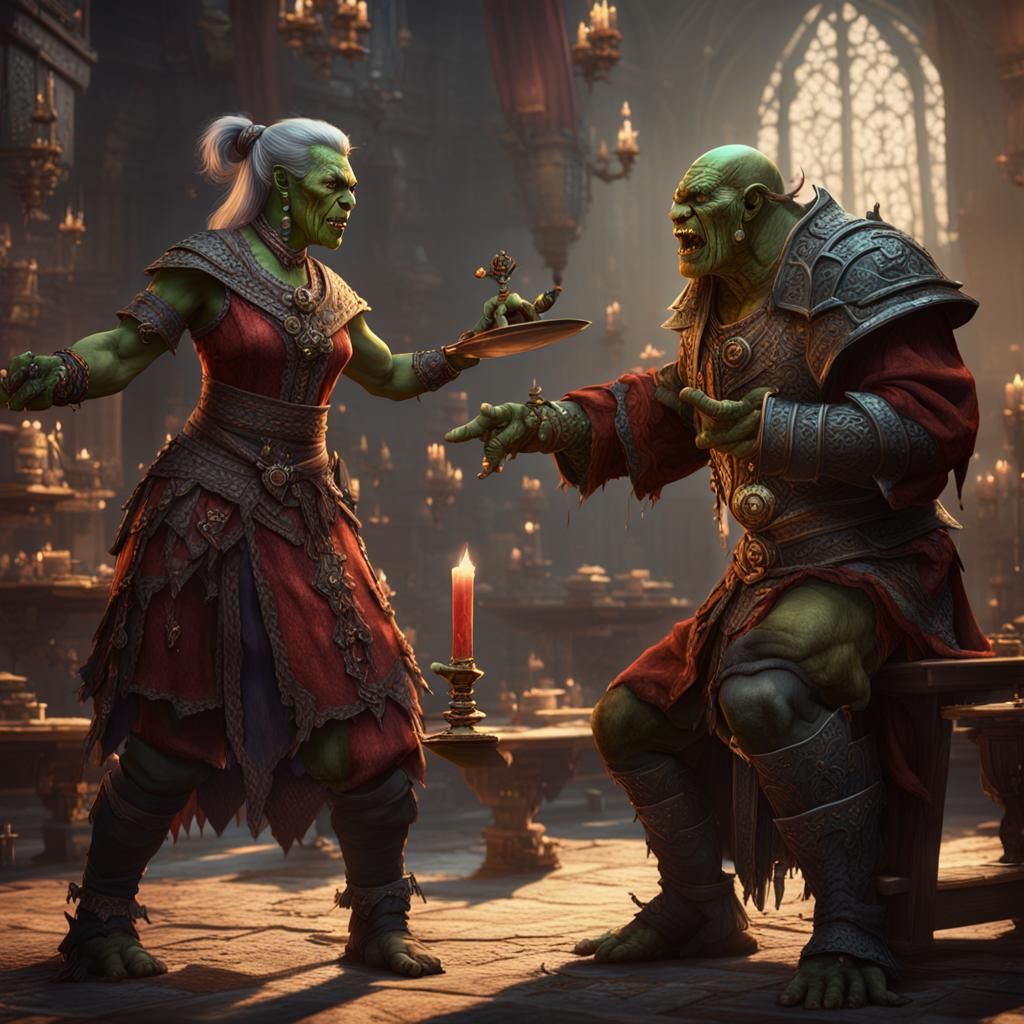 Orc Couple Debating with Forks: Fantasy Concept Art