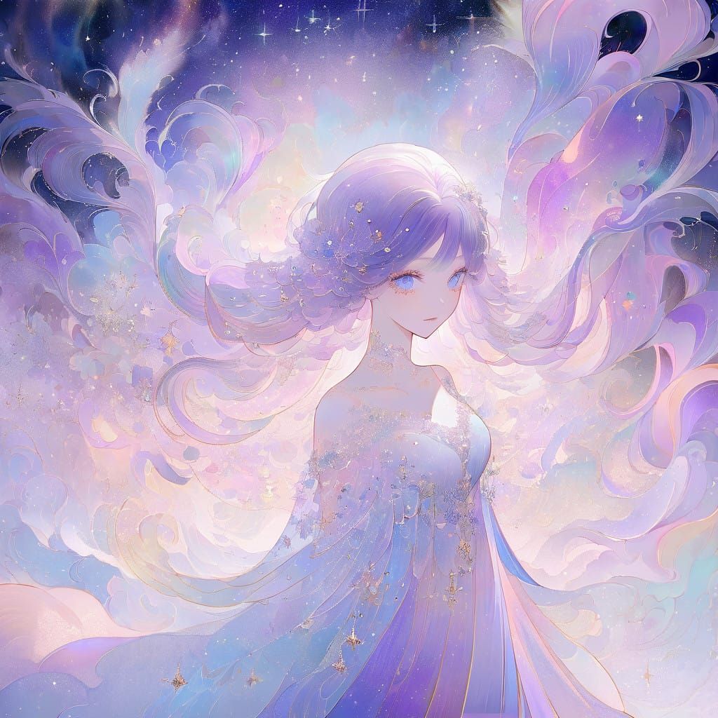 Ethereal Anime Goddess in Whimsical Purple Nebula