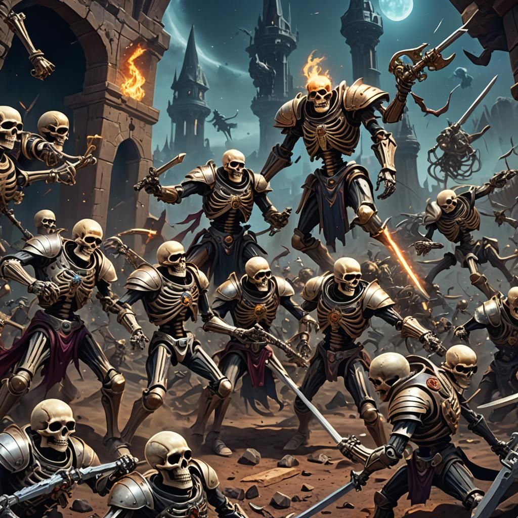 Space Knights Clash with Skeletons: Fantasy Art
