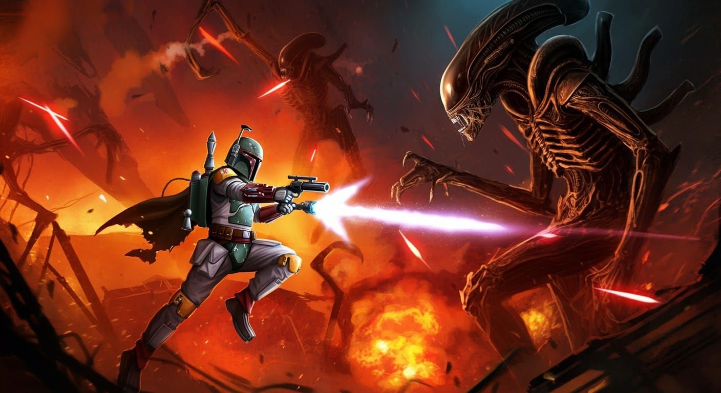 Boba Fett versus a Xenomorph hive led by an Alien King