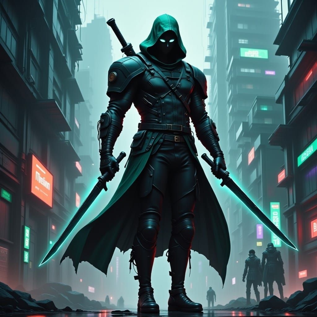 Cyberpunk Ninja Warrior with High-Tech Sword