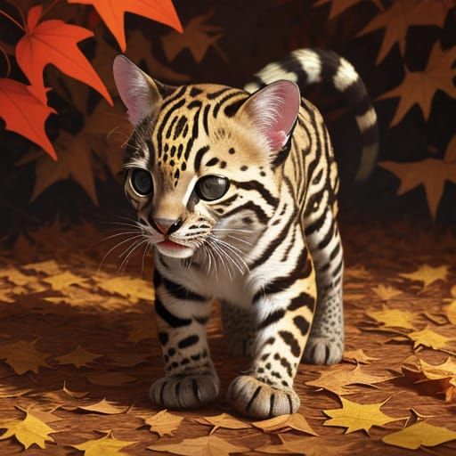 A cute baby ocelot rolling around in autumn leaves with leav...