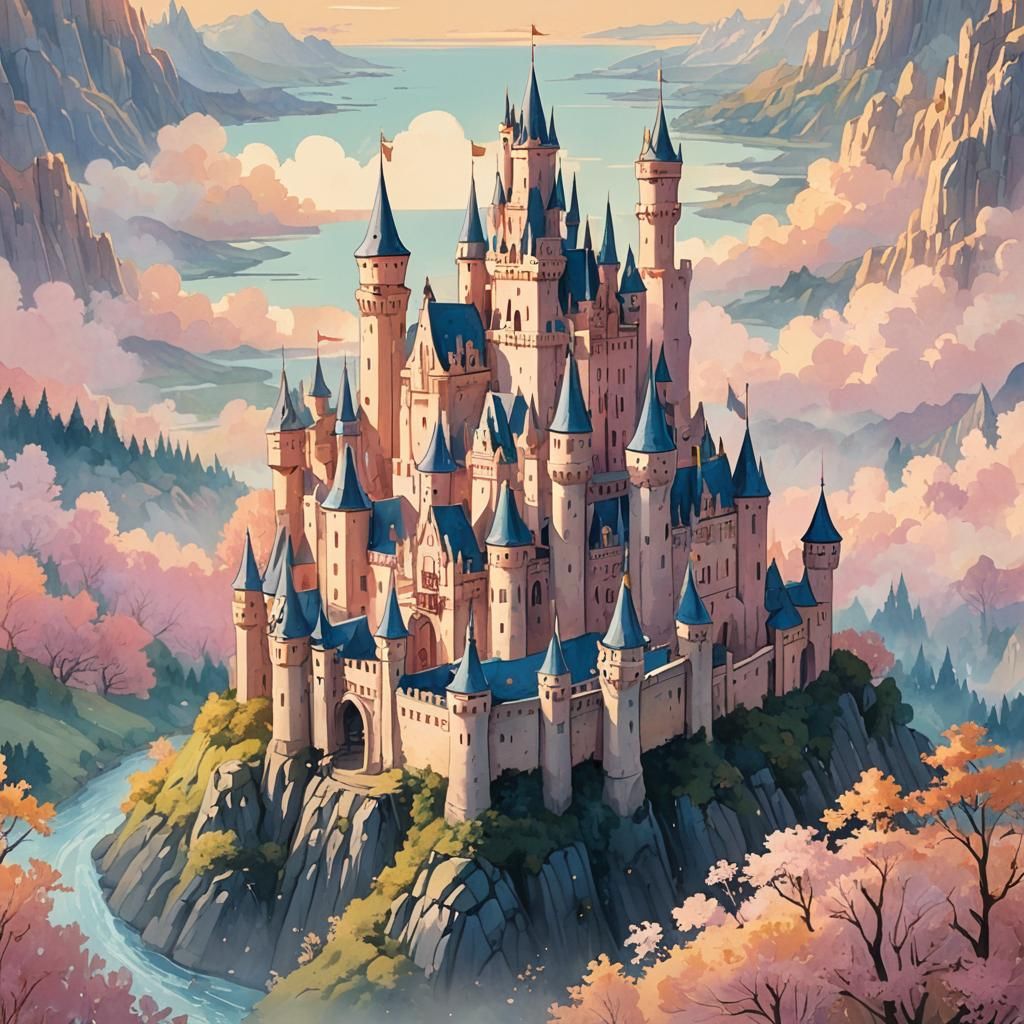 Dreamy Castle Illustration in Pastel Hues