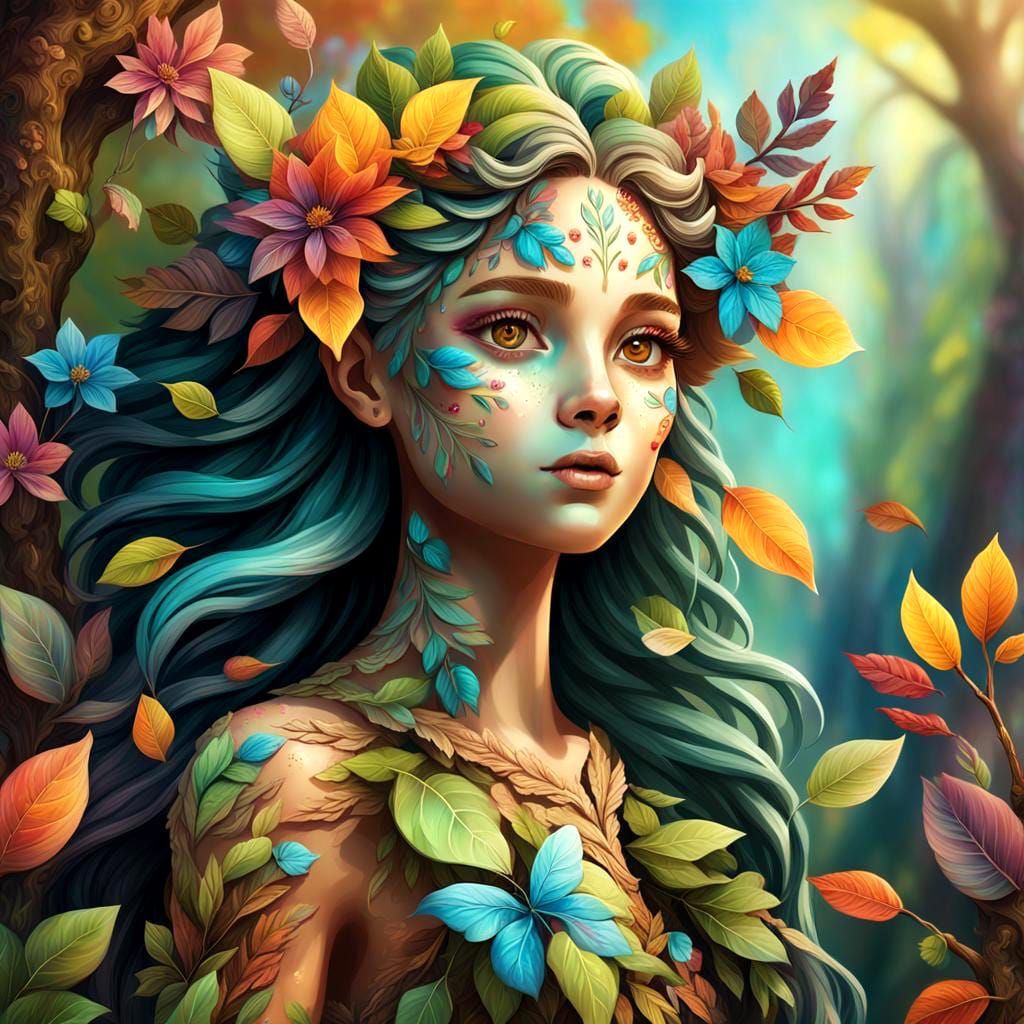 Colorful Dryad with Flowers in Hyperrealistic Style
