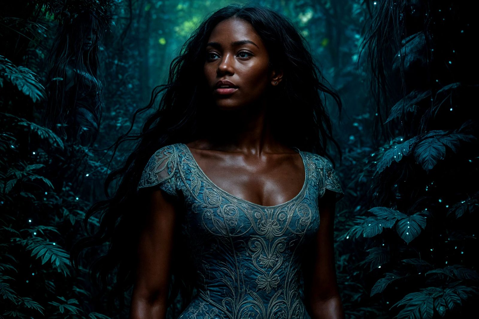Ebony Woman in Bioluminescent Jungle: Hyperrealistic Photogr...