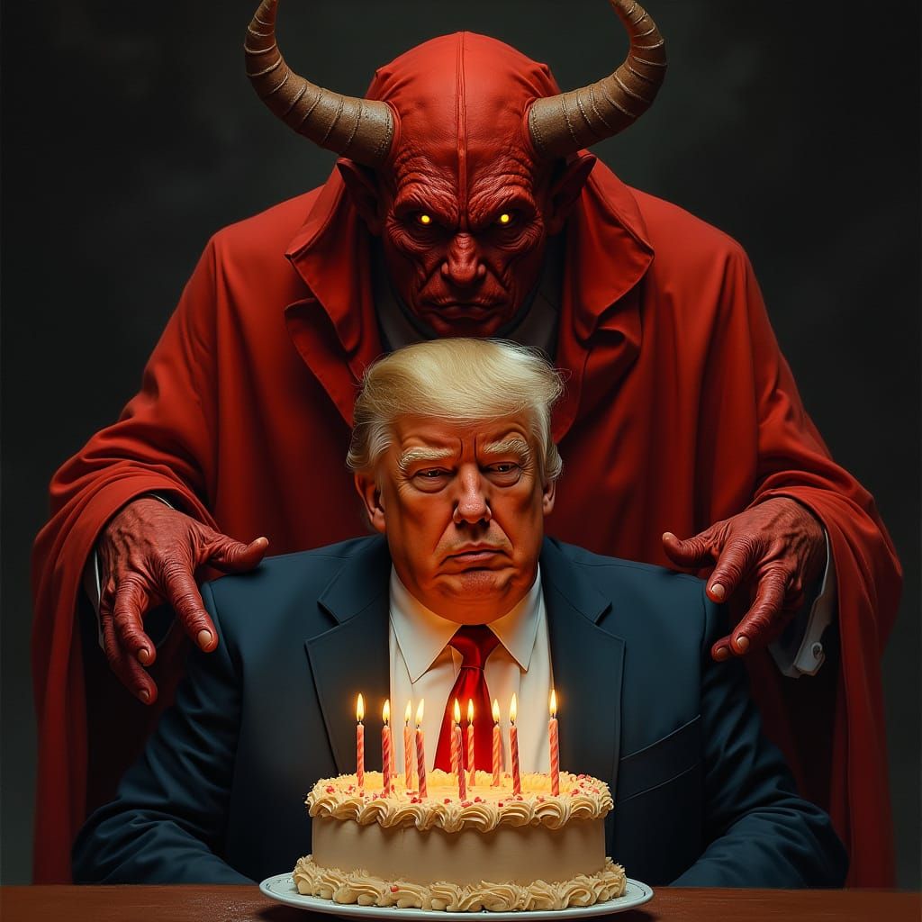 Trump's Surreal Birthday with Satan in Ominous Style