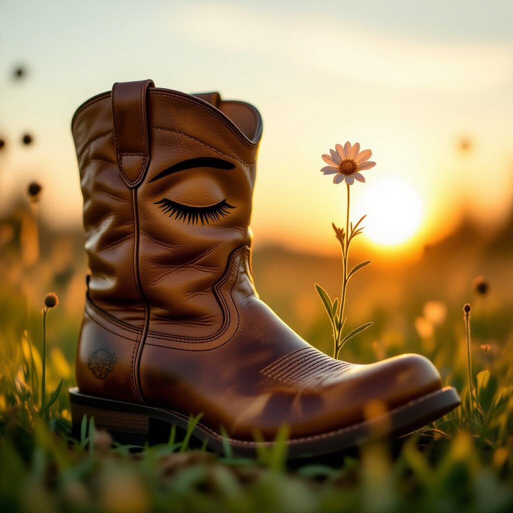 Surreal Boot with Wildflower in Golden Hour Meadow