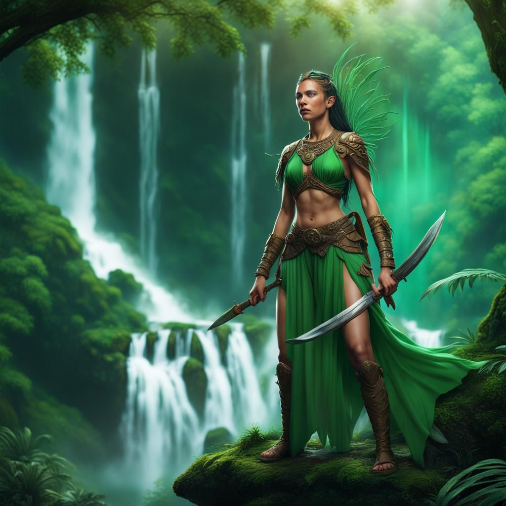 Emerald Warrior Woman in Rainforest: Detailed Matte Painting
