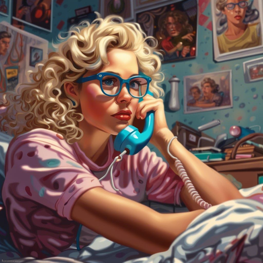 80s Teenager on Corded Phone in Hyperrealistic Style