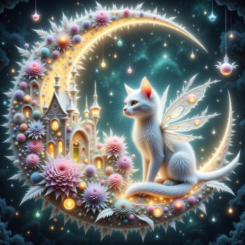 Enchanted Fairy-Tale Landscape with Fractal Cat and Moon
