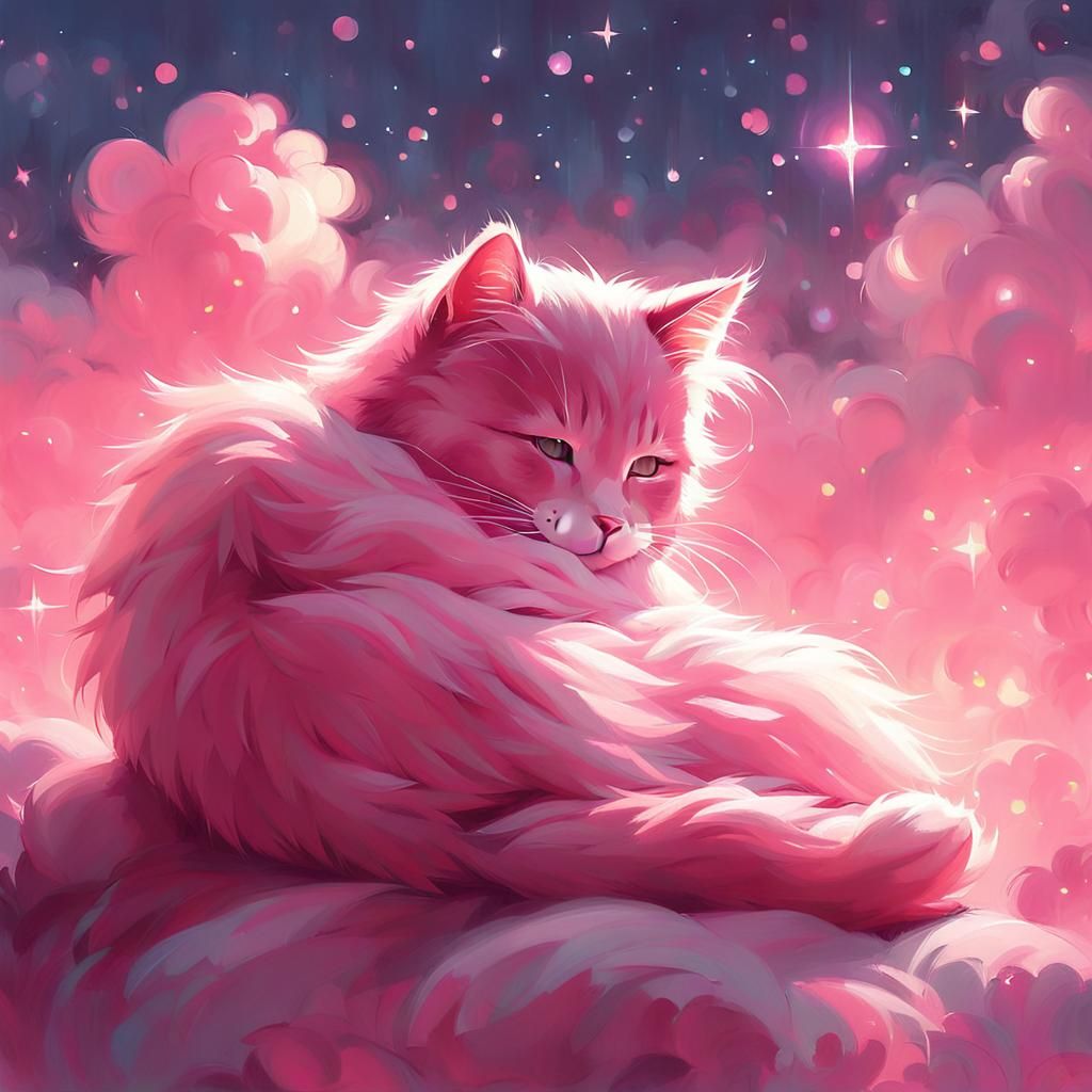 Pink Cat Napping on Pink Cloud in Dreamy Sky