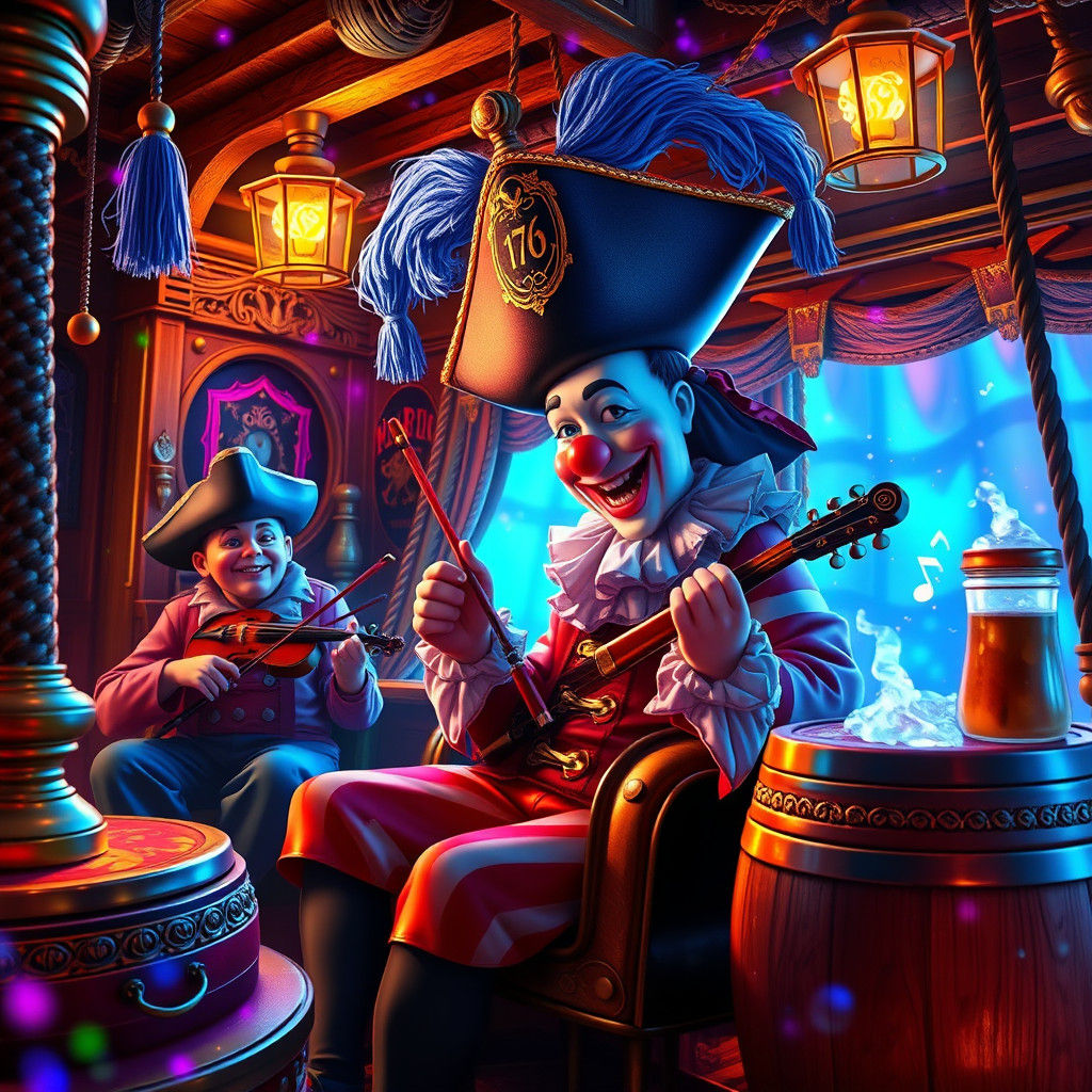 Flamboyant Pirate Clown in Holographic Cabin