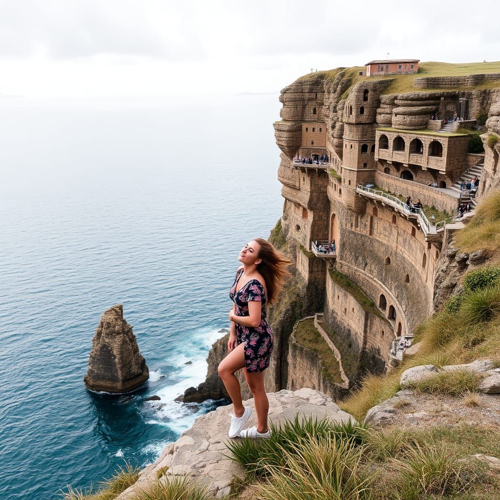 Woman Posing Dramatically on Sea Cliff