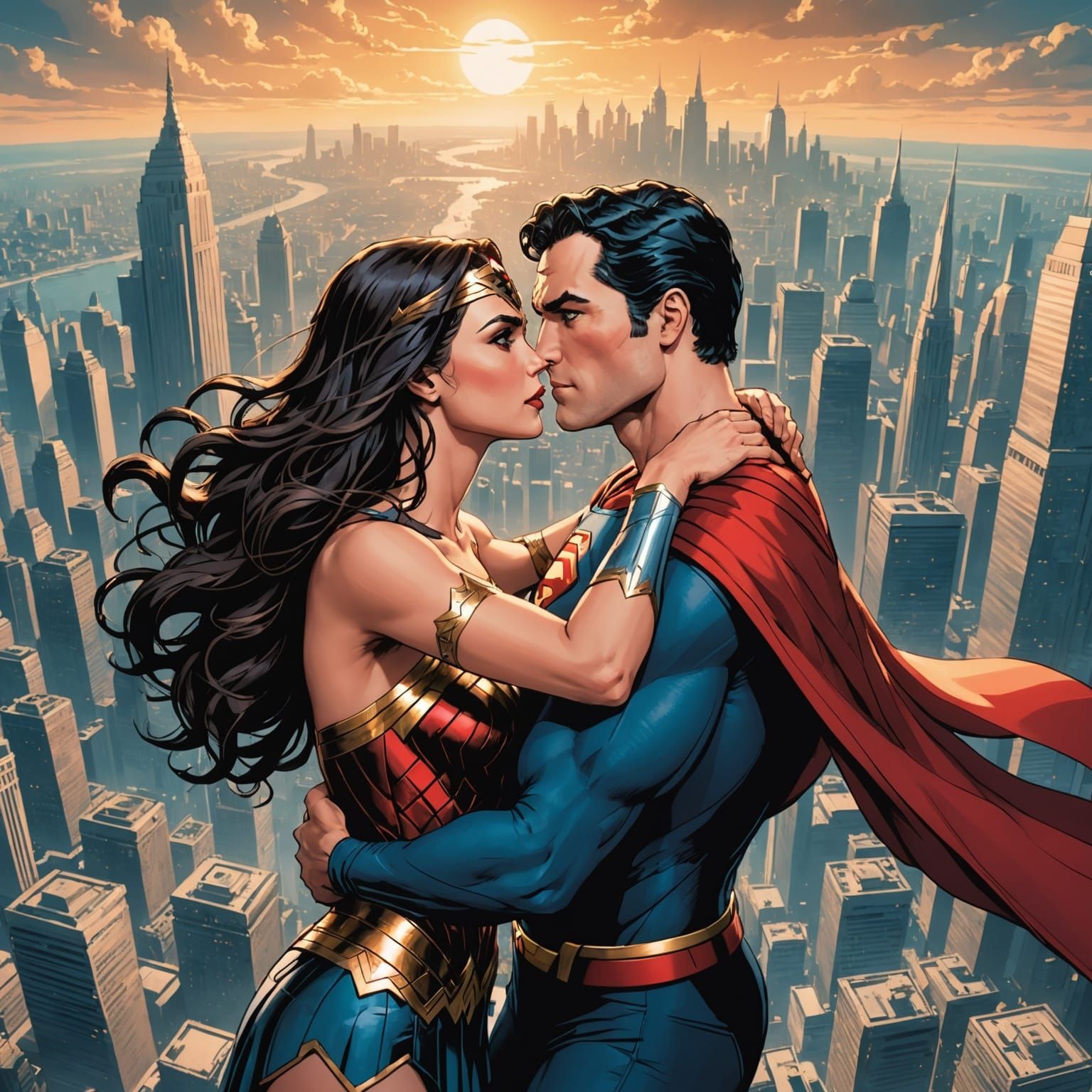 Wonder Woman and Superman Kiss in Anime Style