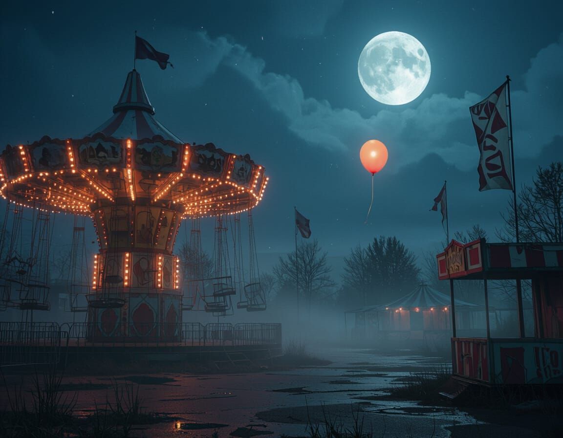 Eerie Abandoned Carnival Under Full Moon