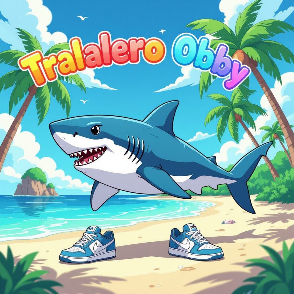 Cartoon Shark with Nike Shoes on Tropical Beach
