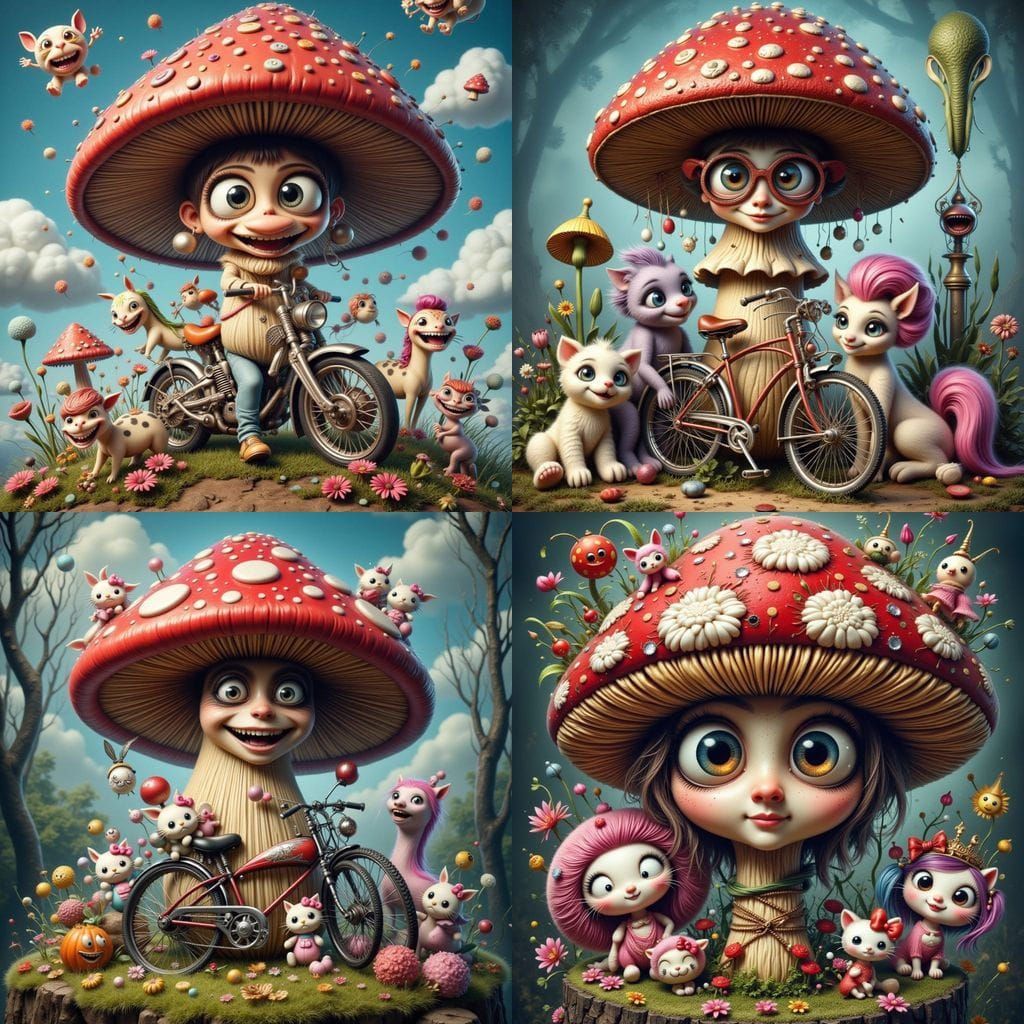 Maximalist Cartoon Biker Mushroom with Cute Plushies