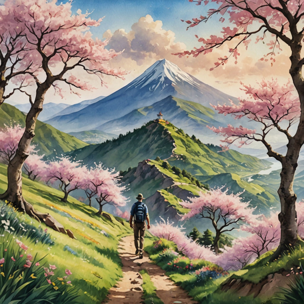 Vibrant Alpine Spring Scene in Whimsical Watercolor Style