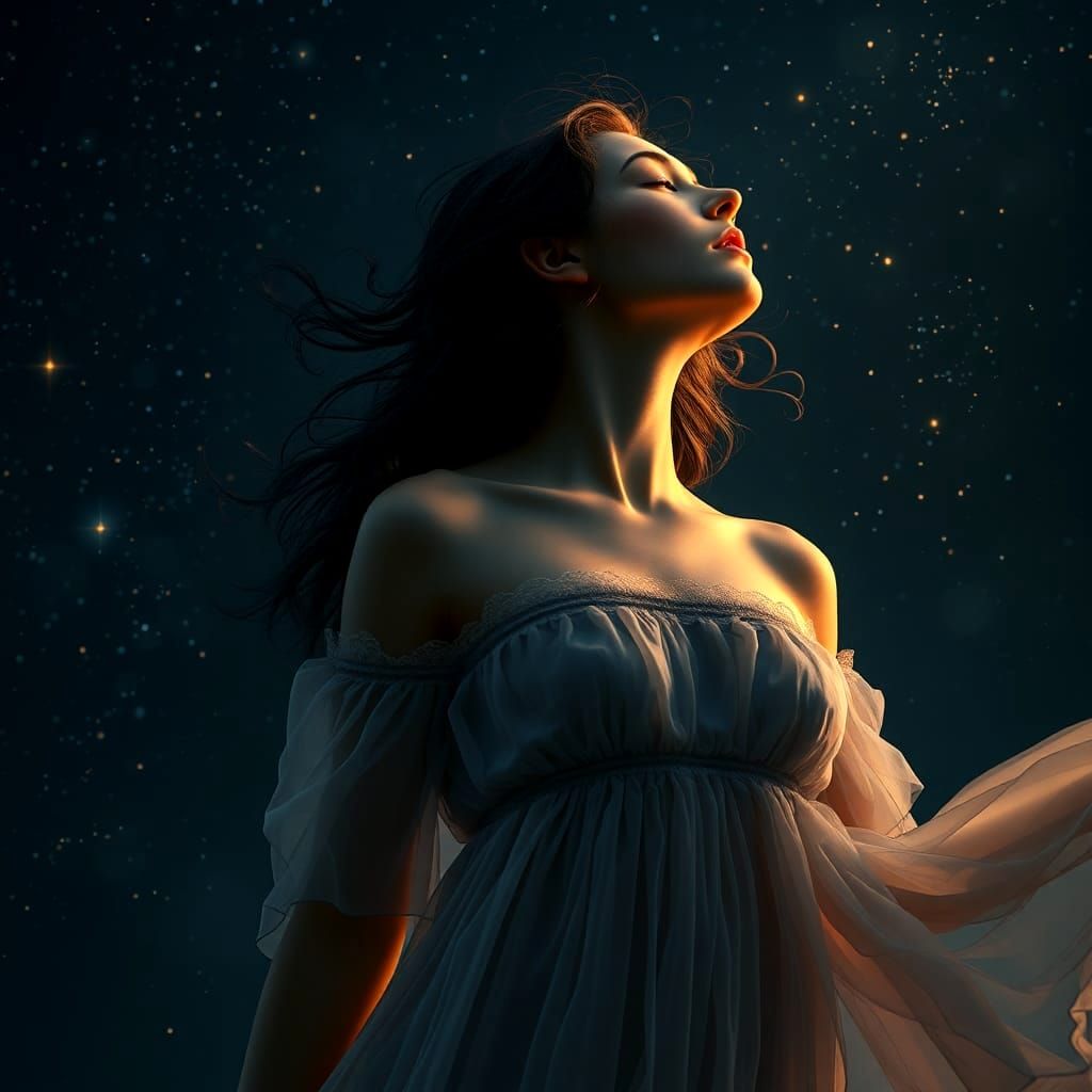 Woman Singing to Stars: Hyperdetailed Concept Art