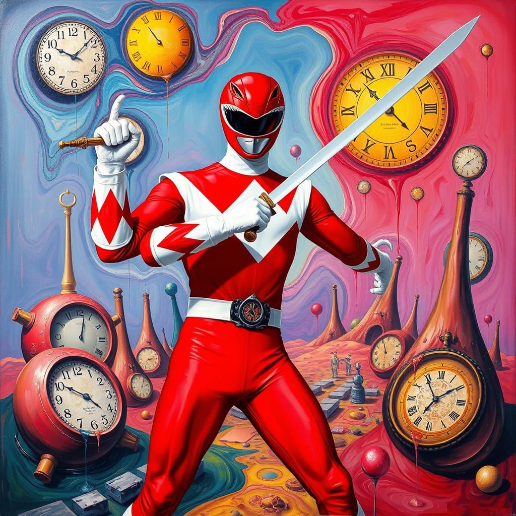 Heroic Red Ranger in Dreamlike Surrealist Landscape