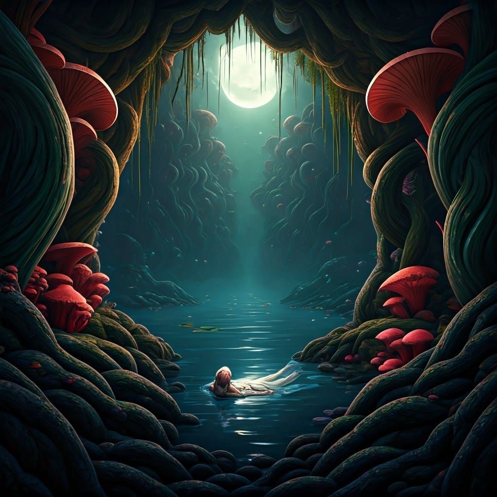 Dreamy High-Fantasy Ophelia in Ethereal Moonlit Landscape