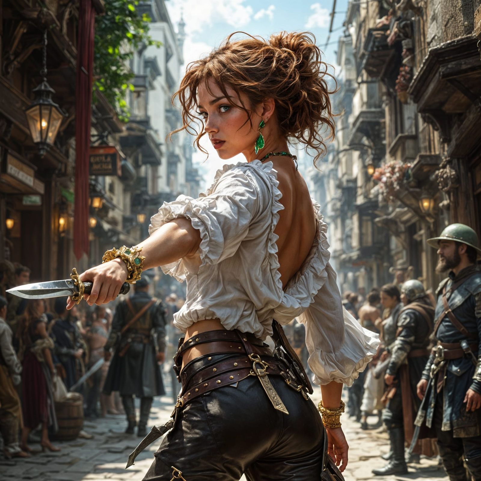 Fantasy Thief Attacks City Guard in Marketplace