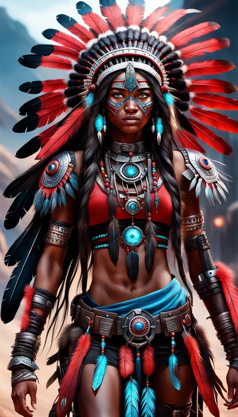 Native American Girl with Mech in Realistic Photo