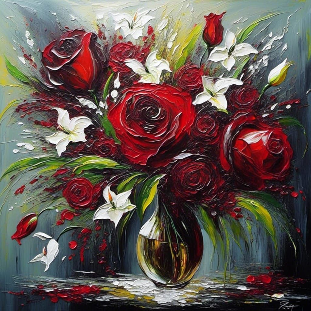 Wine-Red Roses and Lily of the Valleys as Impasto