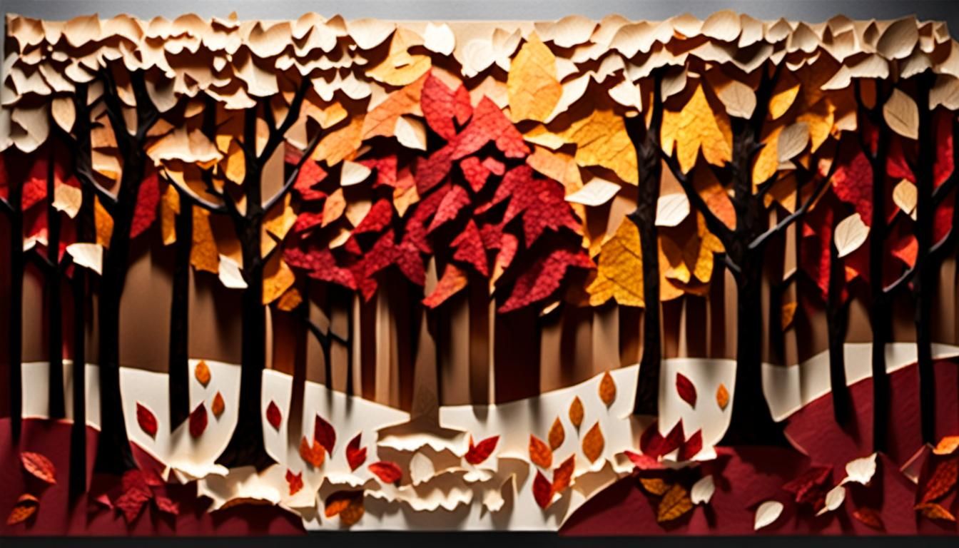 Autumn Forest Paper Collage Bas Relief in Fauvist Style