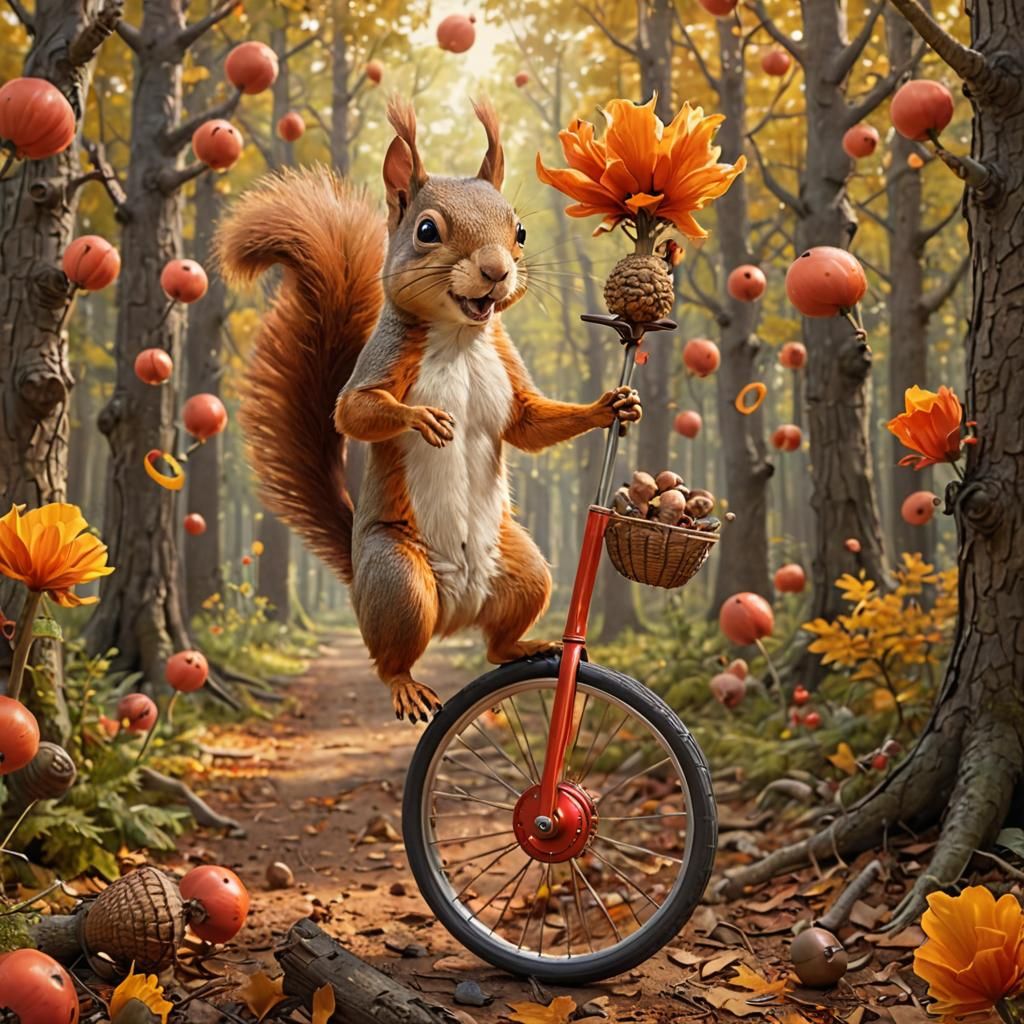 Surreal Cartoon Squirrel Juggles Acorns in Whimsical Forest