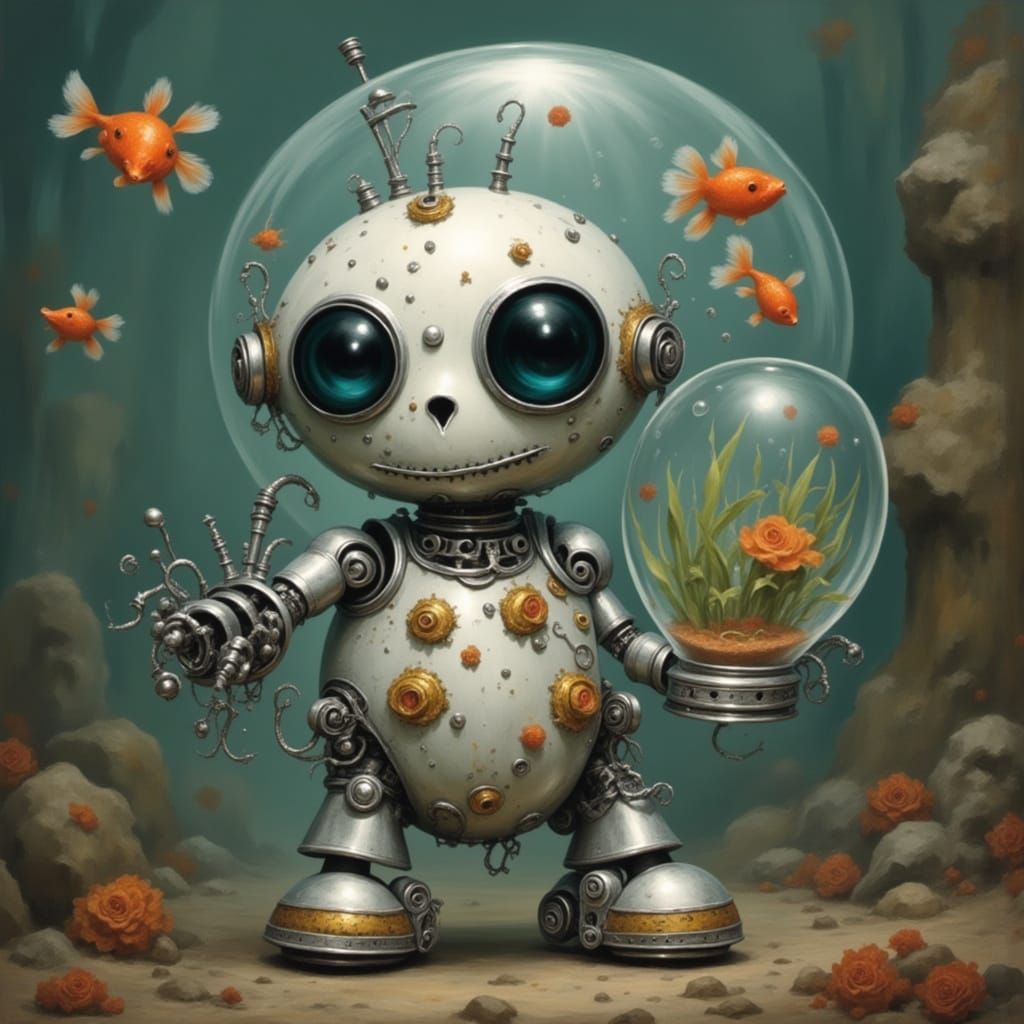 Cute Robot Holding a Fishbowl